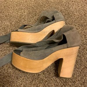 Grey suede wrap tie clog heels